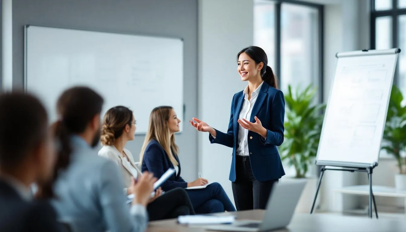 In a modern corporate training room, an Asian woman trainer presents to a group of engaged professionals who are taking notes, with a laptop and wireless presenter visible on a table, all under professional lighting. This is a dynamic setting for enhancing your business skills.