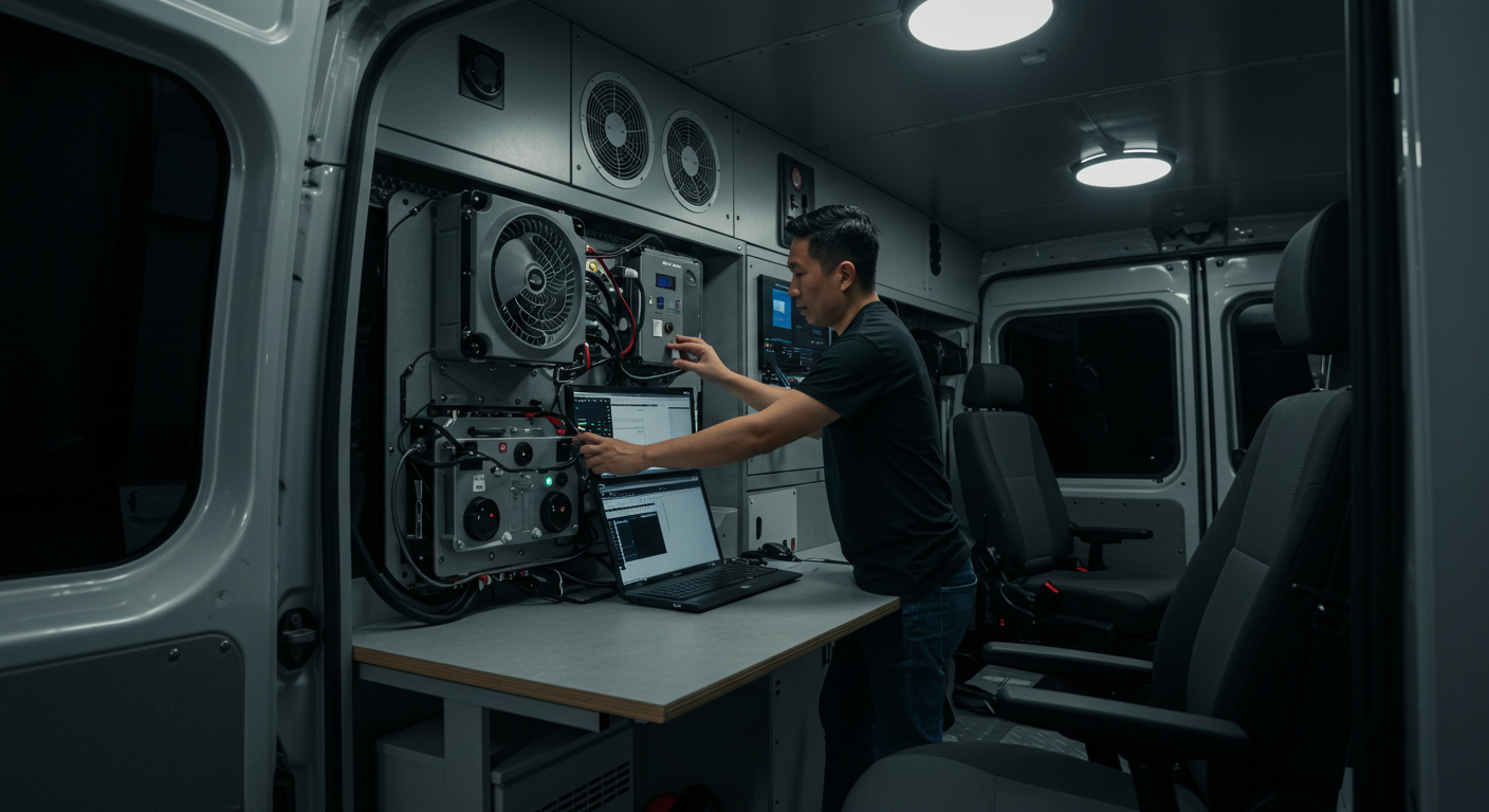 In this interior shot of a professionally converted van office, Asian hands are seen adjusting technical equipment, showcasing a clean and modern installation that includes a dual battery system, ventilation fans, an ergonomic desk setup, and climate control equipment, perfect for working on the go. This mobile office is designed to help you create a comfortable and efficient workspace wherever you are.