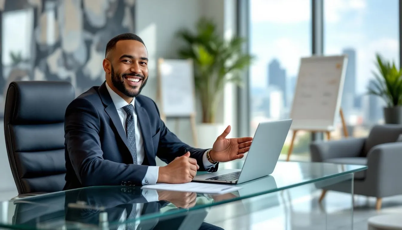 A satisfied Brunei business client is seated in a modern office, confidently sharing a positive testimonial about how the right outreach strategies helped turn prospects into customers. The atmosphere is professional, reflecting the success of their partnership and the value of effective communication in business.
