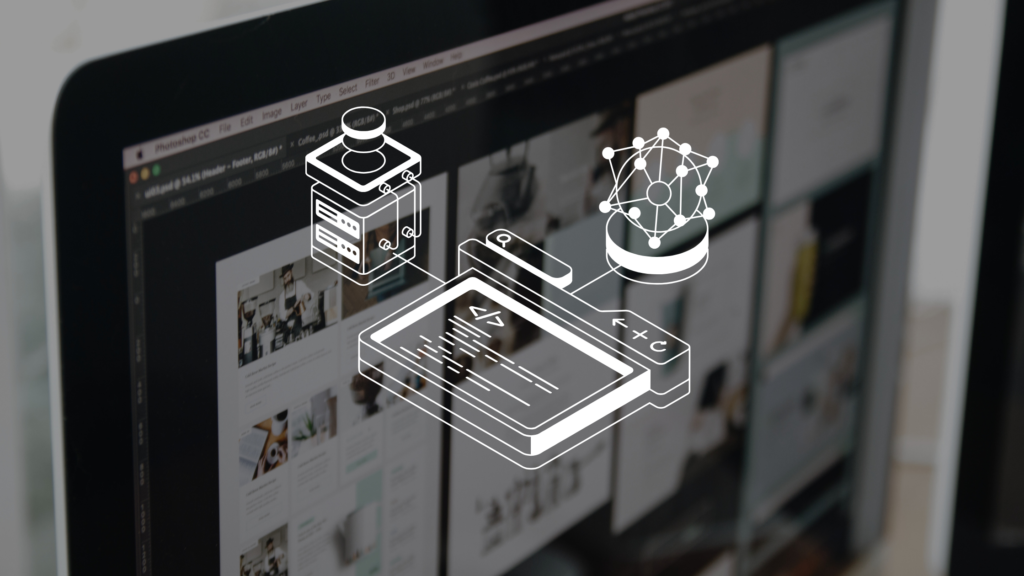 Website hosting infrastructure and development icons overlaid on a computer screen