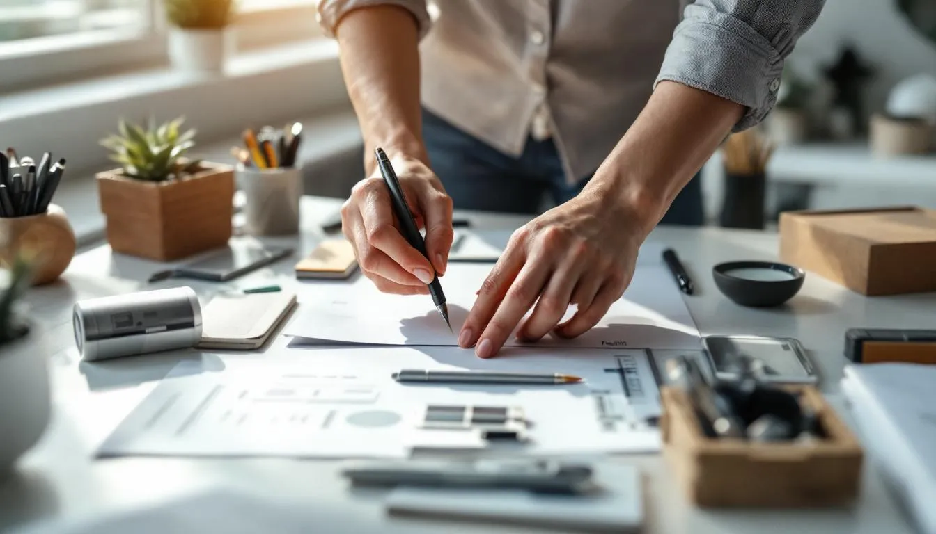 A close-up shot captures Asian hands meticulously organizing a clean workspace, showcasing specialized tools and equipment designated for each team member. The natural lighting highlights the organized desk setup, reflecting a professional yet calm environment that emphasizes clear specialization areas for the team.
