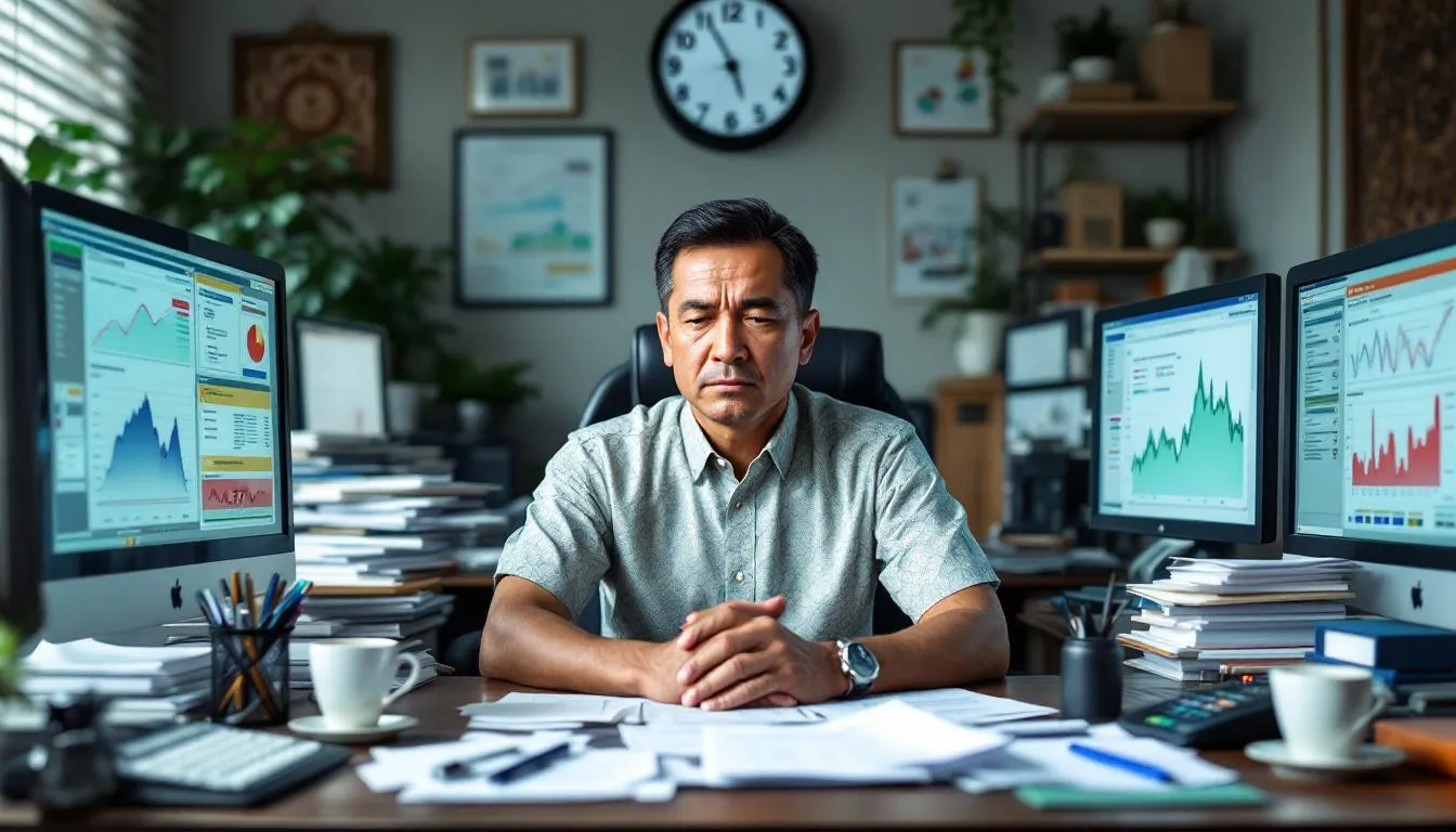 A busy Brunei business owner is surrounded by multiple screens and scattered paperwork, looking overwhelmed by immediate operational tasks, while a clock shows late hours. This scene illustrates how urgent tasks can trap you, preventing your team from focusing on long-term strategic planning and business growth.