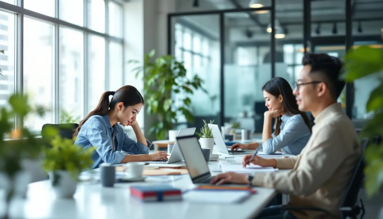 In this medium shot, three Asian professionals are working calmly and efficiently in a clean, organized office space filled with natural light. Each team member is focused on their specialized work area, contributing to a relaxed yet professional atmosphere.