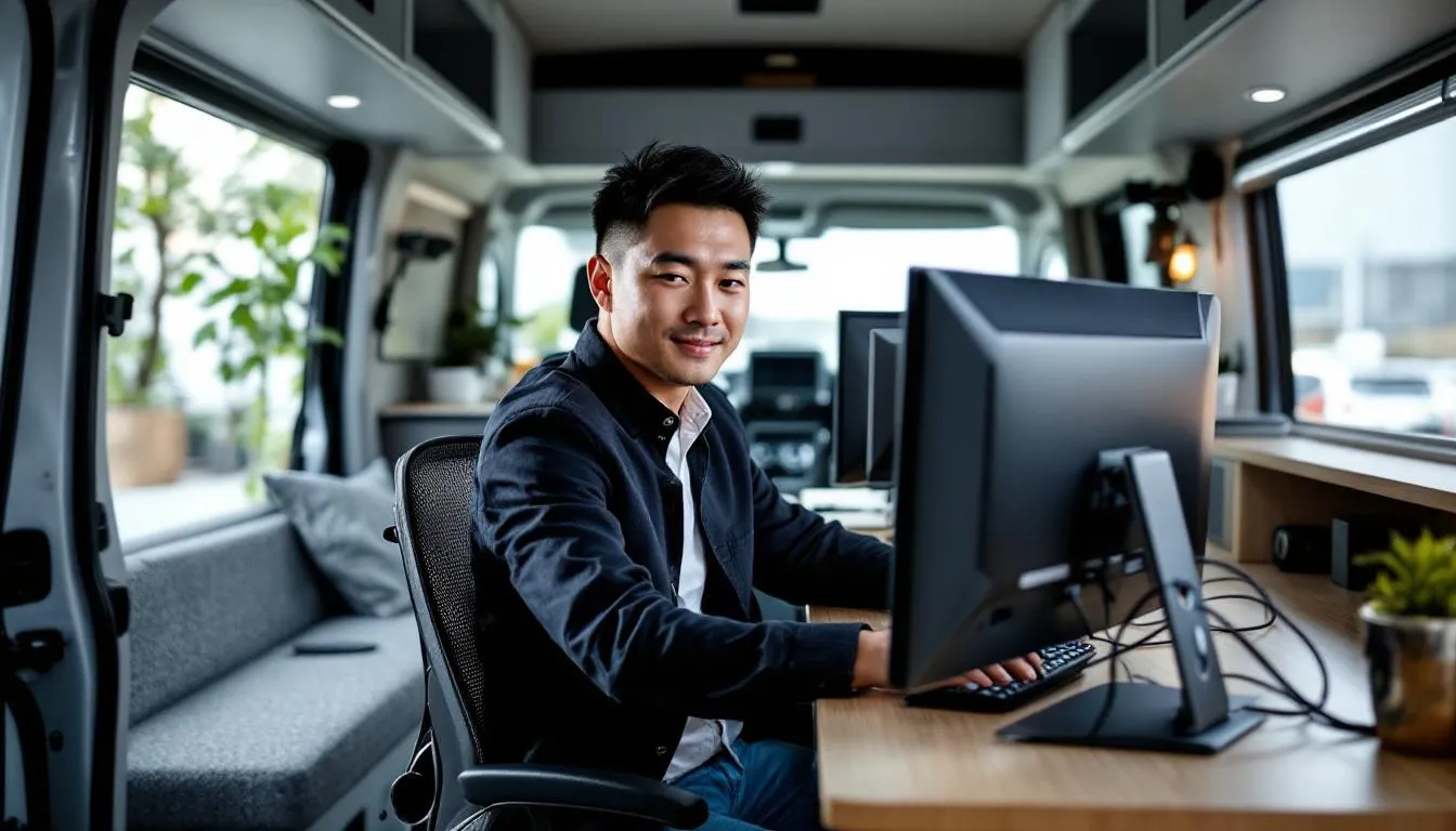 In this image, an Asian IT professional is focused on work in a mobile office, set up inside a professionally converted van. Multiple monitors are visible, showcasing a well-organized ergonomic workspace with proper lighting and professional cable management.