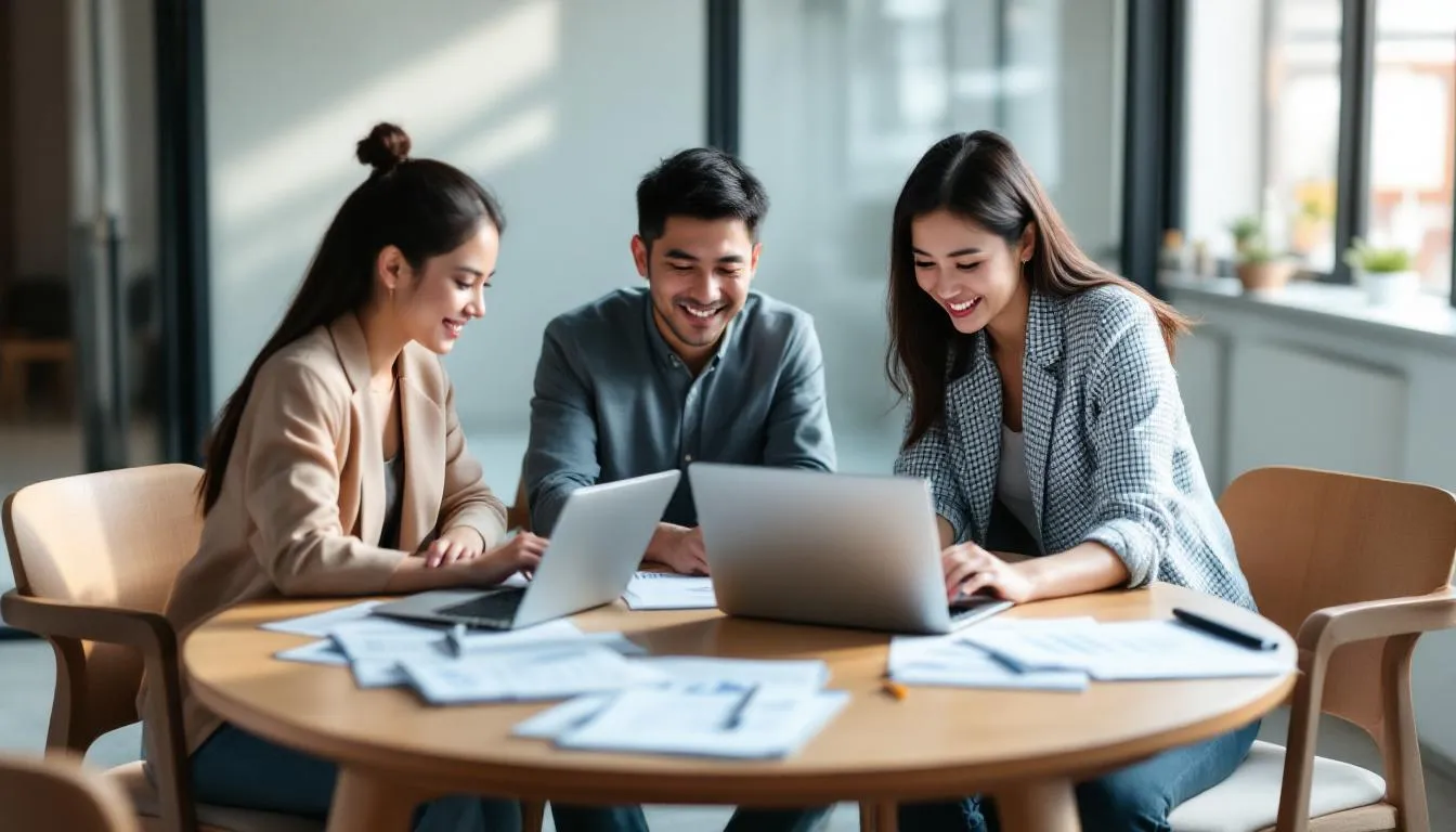 An overhead shot captures three Asian professionals collaborating at a round table, surrounded by laptops, notebooks, and strategy documents, creating a focused yet relaxed atmosphere typical of a small team planning session. The natural lighting enhances their engagement as they work together to develop ideas.