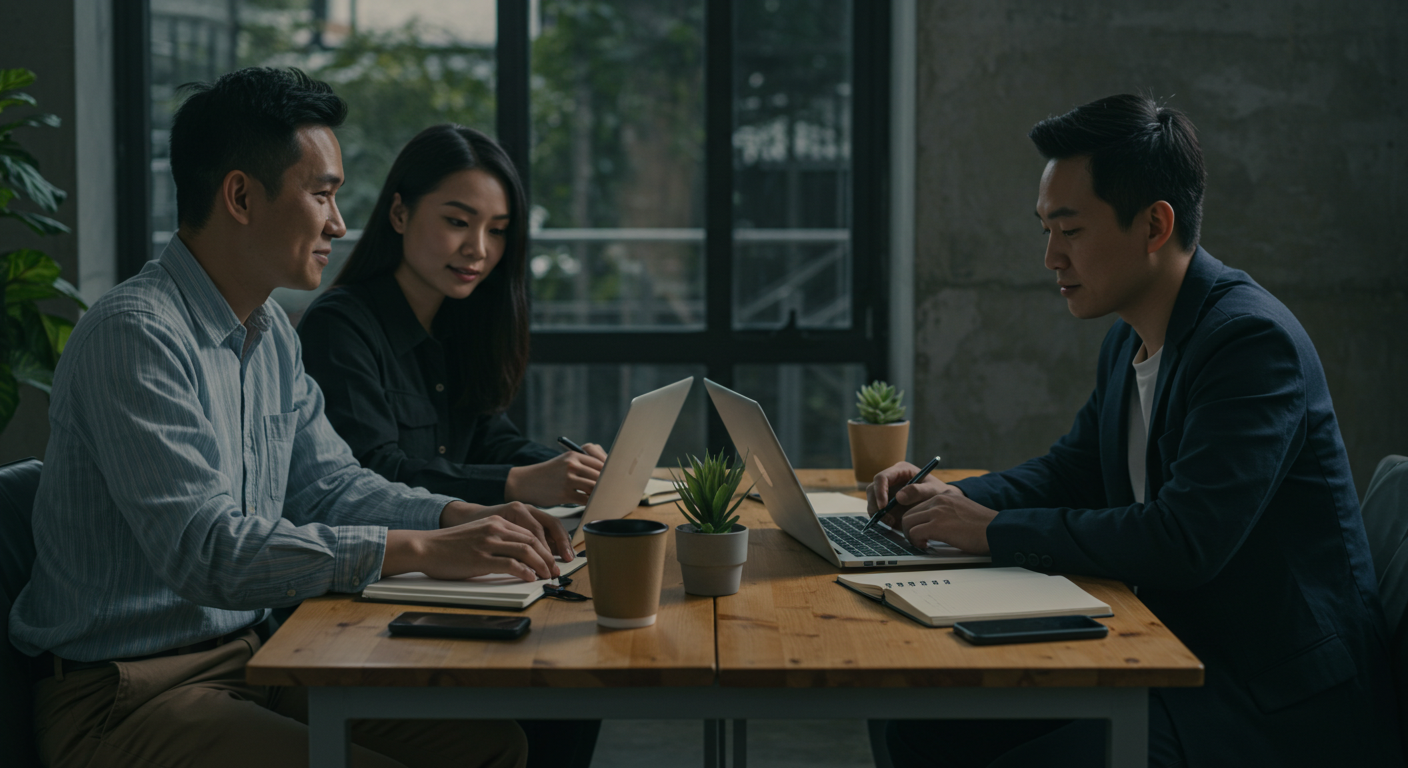 In this image, three Asian professionals are engaged in a relaxed strategy meeting around a table, equipped with laptops and notebooks, showcasing a collaborative yet unhurried atmosphere. The team members display confident and calm expressions, benefiting from the natural daylight that illuminates their organized workspace.
