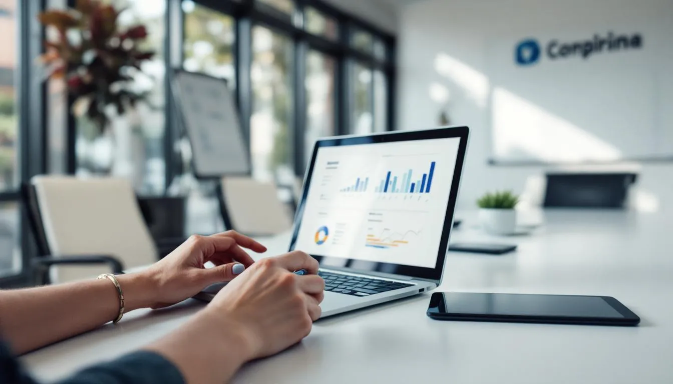 In a modern corporate meeting room filled with natural light, Asian hands are setting up a professional presentation on a laptop, with a wireless presenter remote and a tablet visible nearby. This is a workspace designed for your business needs, showcasing a digital setup for effective communication.