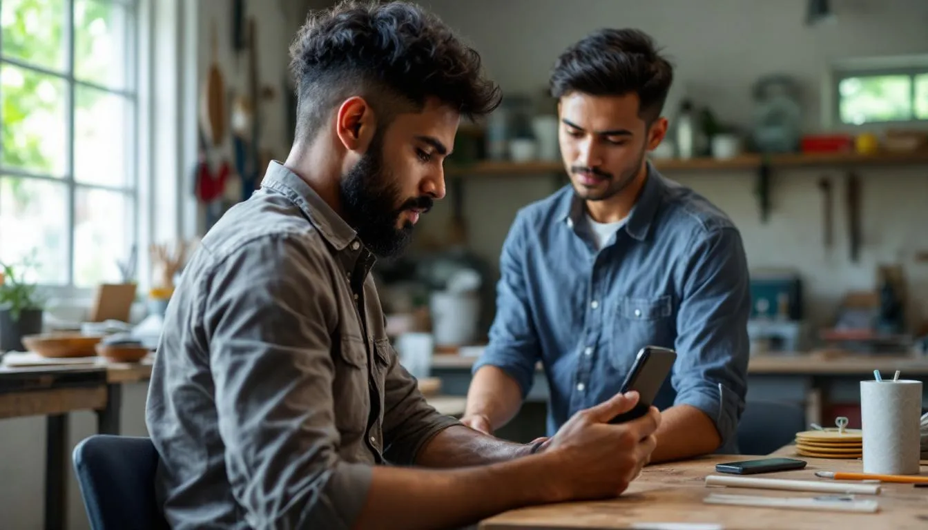 In the image, a Brunei entrepreneur is seen creating engaging behind-the-scenes content using a smartphone, capturing the authentic work process within a local workshop or kitchen. This showcases the importance of social media platforms for Brunei SMEs to connect with their customer base and promote their products effectively.
