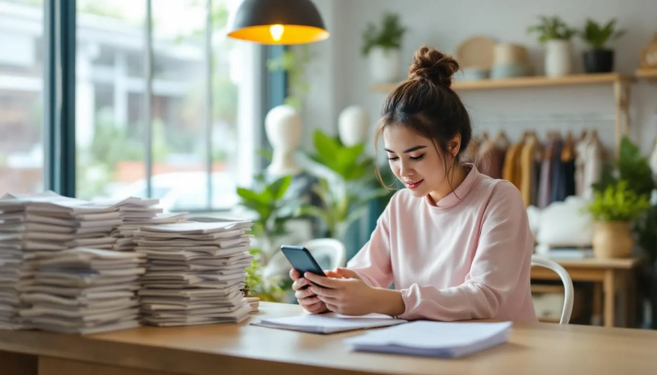 In a Bruneian boutique, a woman scrolls through Instagram on her phone, surrounded by stacks of unprocessed orders on the counter, highlighting the contrast between social media engagement and the operational demands of her business. Natural daylight illuminates the scene, emphasizing the need for digital transformation in Brunei's retail landscape.