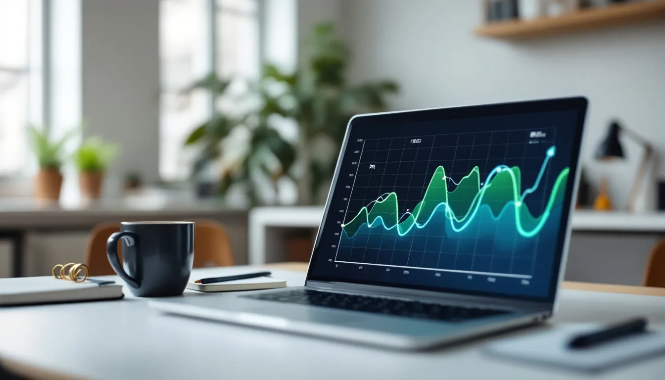 In a cinematic office setting, a laptop screen displays a graph illustrating rising engagement metrics, symbolizing the success of social media marketing for businesses in Brunei. The professional yet approachable atmosphere suggests a focus on digital marketing strategies that can help improve your brand and connect with your target audience.