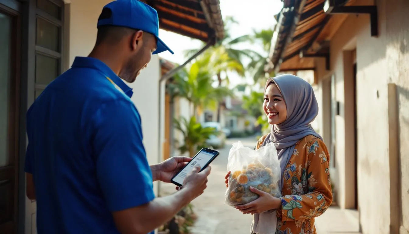 A delivery driver in a Brunei neighborhood is scanning a QR code for payment while handing food to a smiling customer at the door, showcasing the convenience of digital transformation in local services. This scene highlights the efficiency and ease of modern delivery solutions for businesses in Brunei.