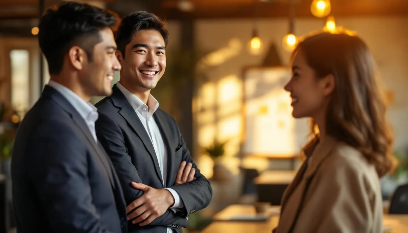 In a warmly lit office, a satisfied Southeast Asian business client proudly displays improved business results to a colleague, both appearing pleased and engaged, symbolizing the importance of referrals in building a successful referral program for your business.