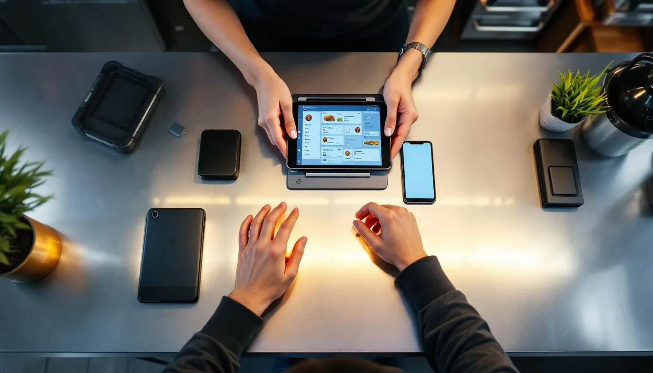 An overhead shot captures the hands of an Asian business owner organizing multiple mobile devices on a food truck counter, including a tablet displaying orders, a smartphone with a payment app, and a portable charger, all arranged neatly under warm LED lighting, reflecting a clean modern aesthetic. This setup highlights the importance of mobile solutions for your business.