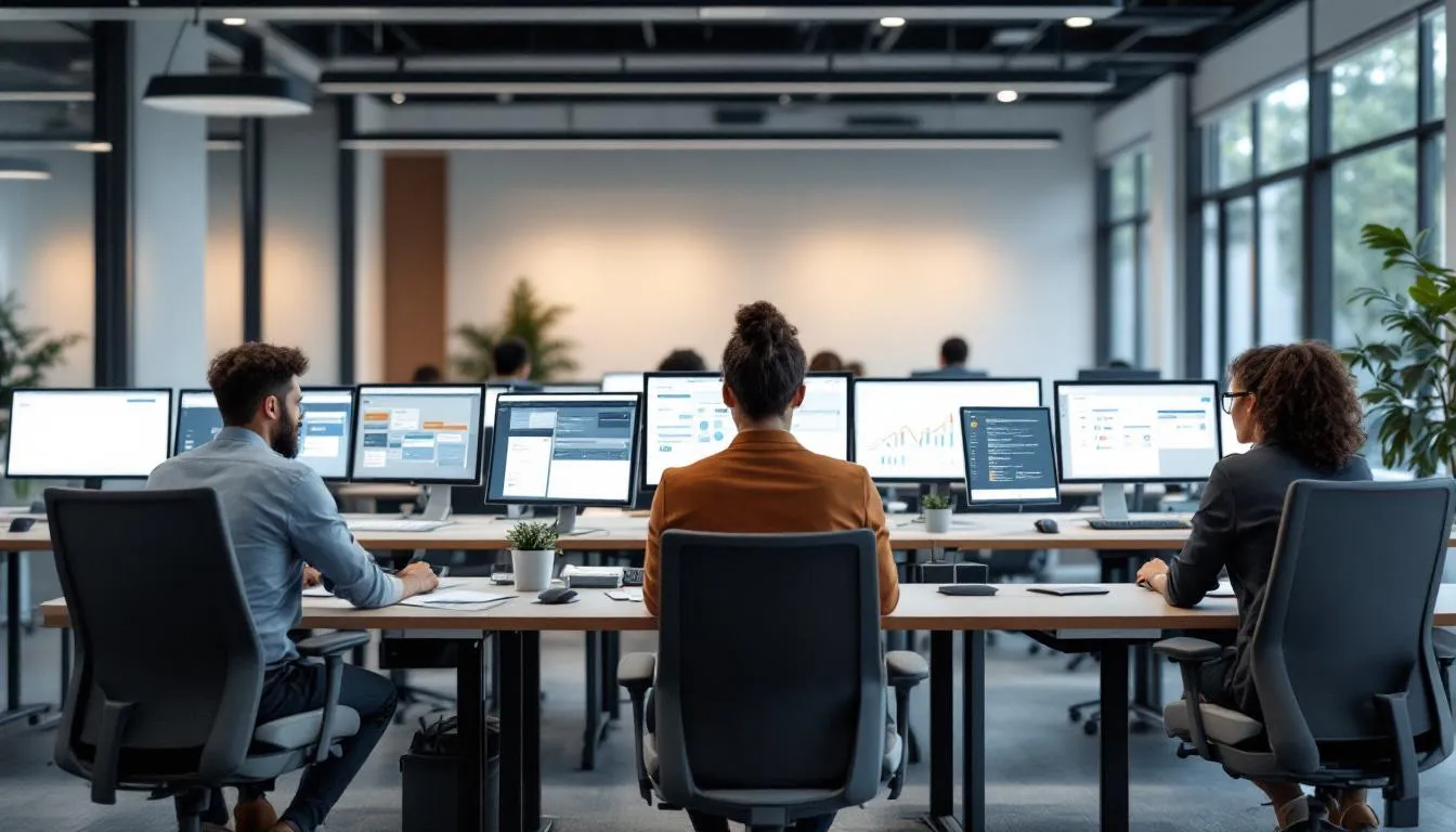 In a modern office setting, team members are efficiently engaged with documented processes, while clean systems and workflows are displayed on screens, symbolizing operational independence and systematic functioning that can help your business focus on long-term growth and strategic planning.