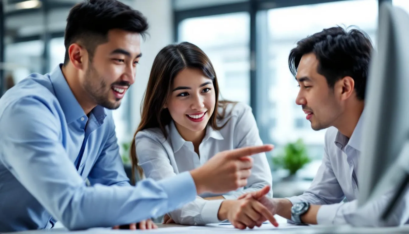 In a natural office setting, three Asian professionals are collaborating intensely around a computer screen, pointing at data and discussing strategy with engaged expressions that reflect their deep focus. This scene highlights the advantages of a small team, where team members can easily communicate and work together to develop effective solutions.