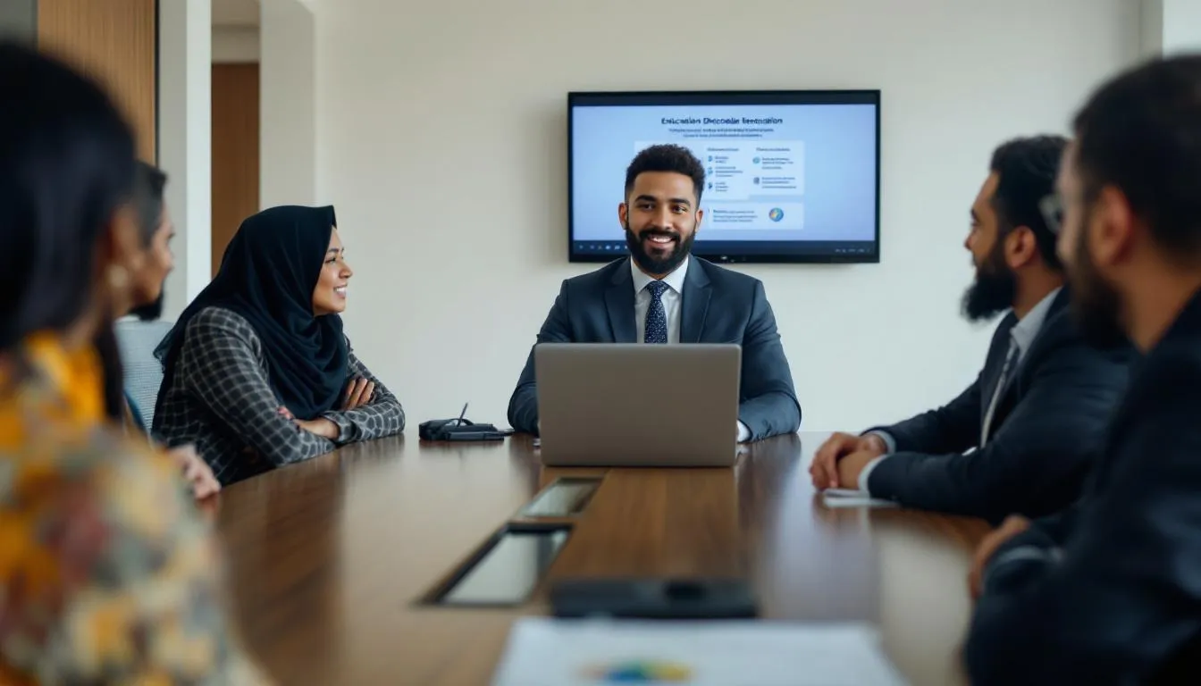 In a modern conference room, a Brunei business professional is presenting educational content on a laptop screen, while engaged colleagues gather around a sleek conference table, showing interest in how to turn prospects into customers through effective strategies. The atmosphere is collaborative, highlighting the importance of best practices in outreach and engagement.