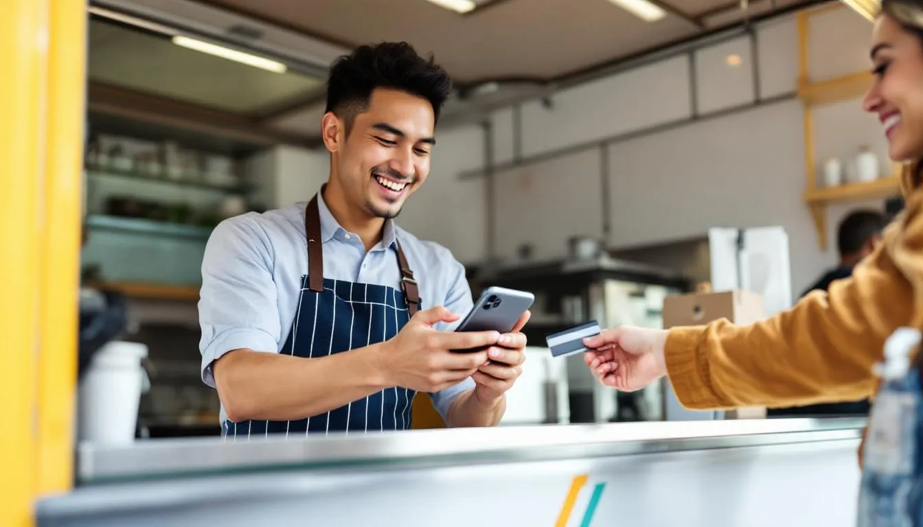 In a bright daylight setting, a smiling Asian food truck owner is using a smartphone for mobile payment processing while a satisfied customer extends a contactless card toward the phone. The modern food truck setup is visible in the background, creating a lively atmosphere for mobile businesses.