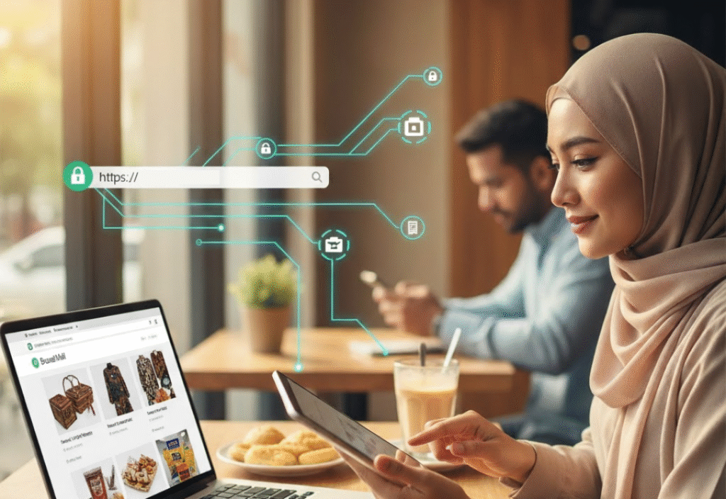 Secure HTTPS website with padlock icon showing SSL/TLS certificate protection for Brunei business transactions, customer confidently shopping online with encrypted data security