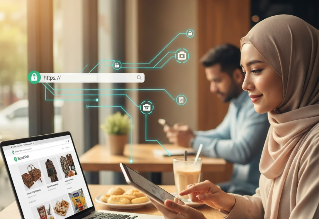 Secure HTTPS website with padlock icon showing SSL/TLS certificate protection for Brunei business transactions, customer confidently shopping online with encrypted data security