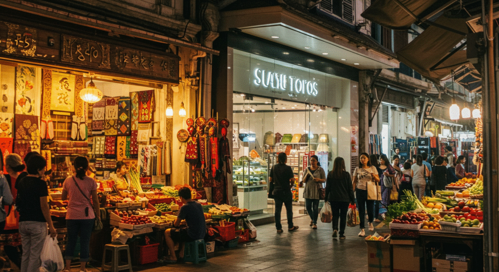 A bustling Southeast Asian marketplace with a modern store.
