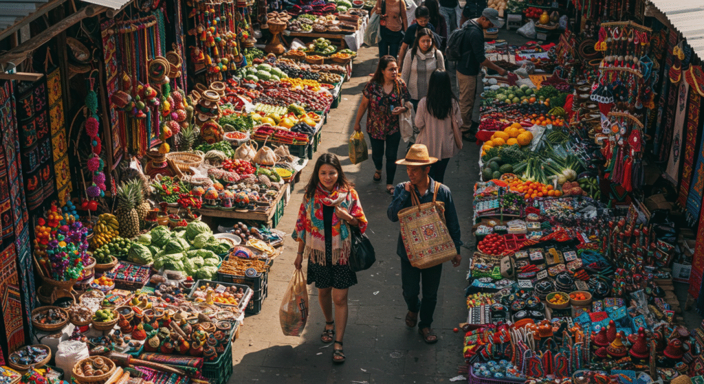 Vibrant Southeast Asian marketplace with colourful stalls and shoppers.