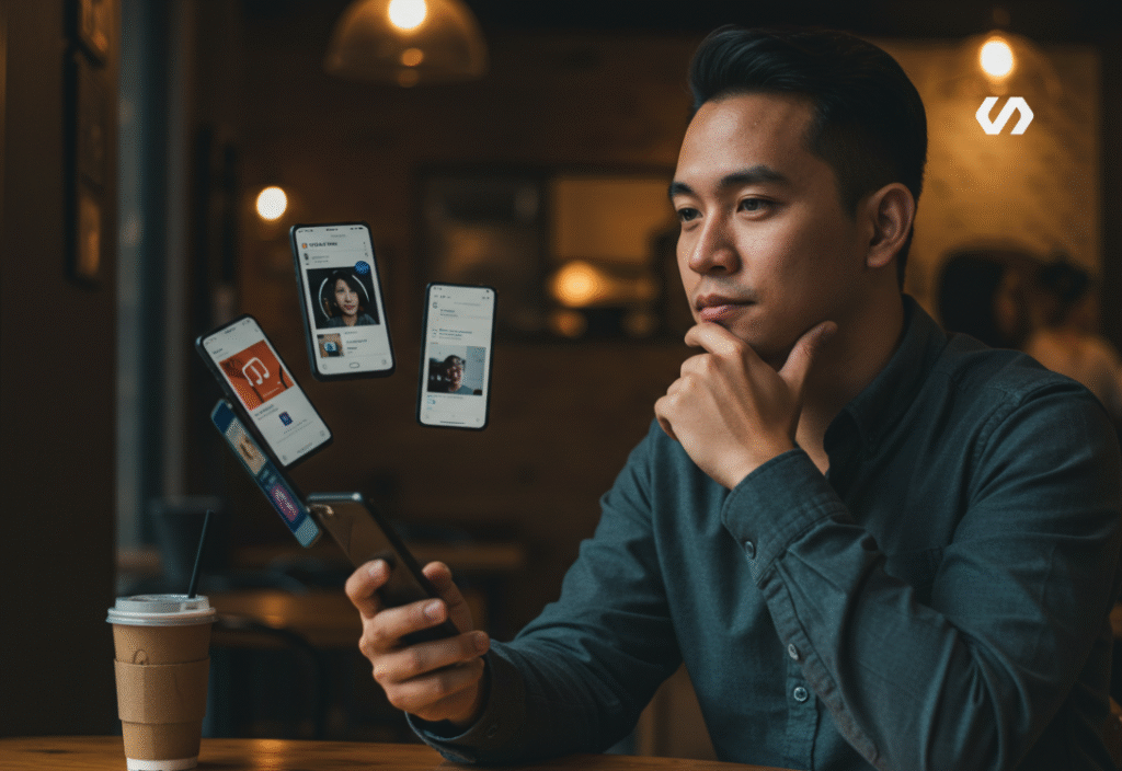 Cinematic shot of a young Southeast Asian business owner looking thoughtfully at multiple smartphone screens displaying different social media platforms, warm natural lighting from a coffee shop window, contemplative and strategic atmosphere, representing digital decision-making, shot with 85mm lens
