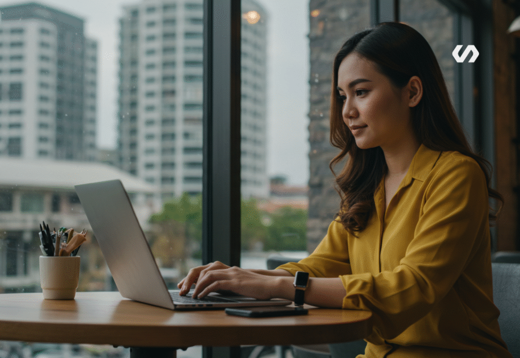 Cinematic shot of a confident young Brunei business owner working on a laptop in a cozy local café, with larger corporate buildings visible through the window in soft focus, warm natural lighting creating an intimate atmosphere, representing David vs Goliath competition, shot with 50mm lens