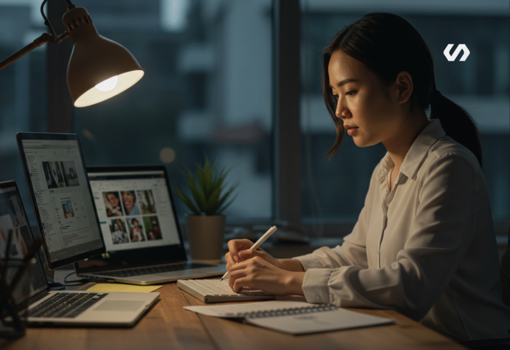 Cinematic shot of a Southeast Asian content creator working at a desk with multiple devices showing different social media platforms, natural lighting from large windows, focused and strategic atmosphere, representing multi-platform content strategy, shot with 50mm lens
