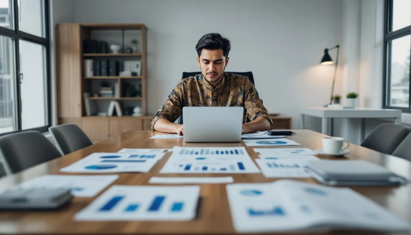 In a bright conference room, a Brunei business owner is deeply engaged in strategic market research, surrounded by charts, competitor analysis, and growth planning materials laid out on the table. The focused atmosphere emphasizes the importance of creating scalable systems to enhance business growth and efficiency for the long term.