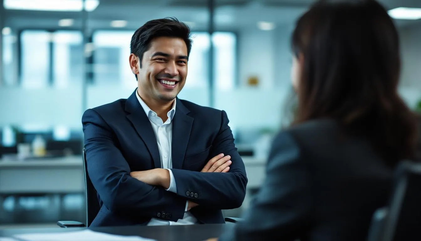 In a harshly lit office, a Southeast Asian business professional appears uncomfortable during a referral request conversation, showcasing awkward body language and forced smiles. This image highlights the tension and challenges associated with direct asking approaches, emphasizing the importance of building a referral program for your business.