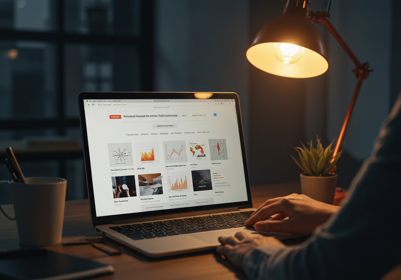 Cinematic shot of a professional website being viewed on a laptop screen showing business testimonials and case studies, warm office lighting, modern workspace, representing digital credibility and local trust building, shot with 24mm lens