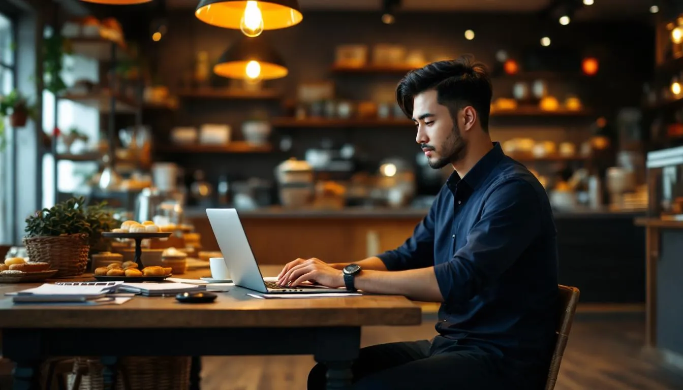 A young Bruneian business owner is intently looking at a laptop displaying sales data in a small bakery, surrounded by an array of freshly baked pastries. The warm lighting creates an inviting atmosphere, highlighting the owner's thoughtful expression as they consider strategies to connect with their customers through social media marketing.