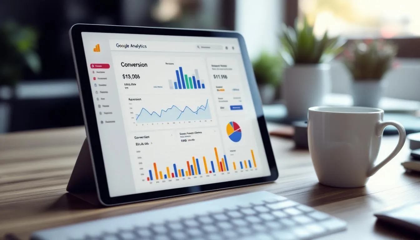 A close-up view of a tablet screen displays the Google Analytics dashboard, featuring charts for conversions and revenue, set against a Brunei office desk with a coffee mug, illuminated by natural light. This image highlights the importance of digital transformation for your business in Brunei, showcasing essential data and tools for analysis.