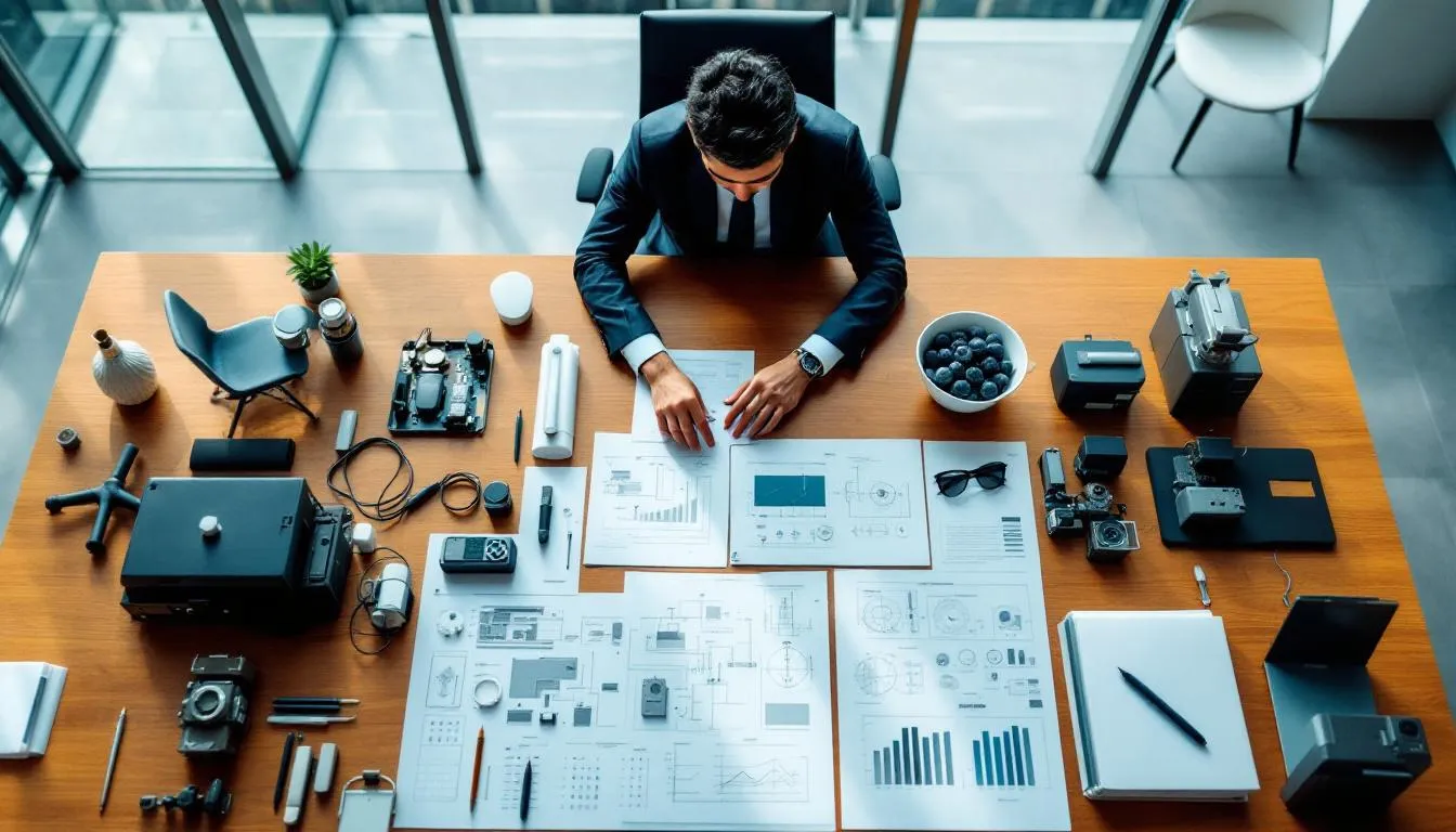 An overhead shot captures an Asian business owner engaged in a professional planning session for a vehicle conversion, with technical diagrams, power system components, and ergonomic furniture samples spread out on a table, all illuminated by natural lighting, highlighting the setup for creating a mobile office.
