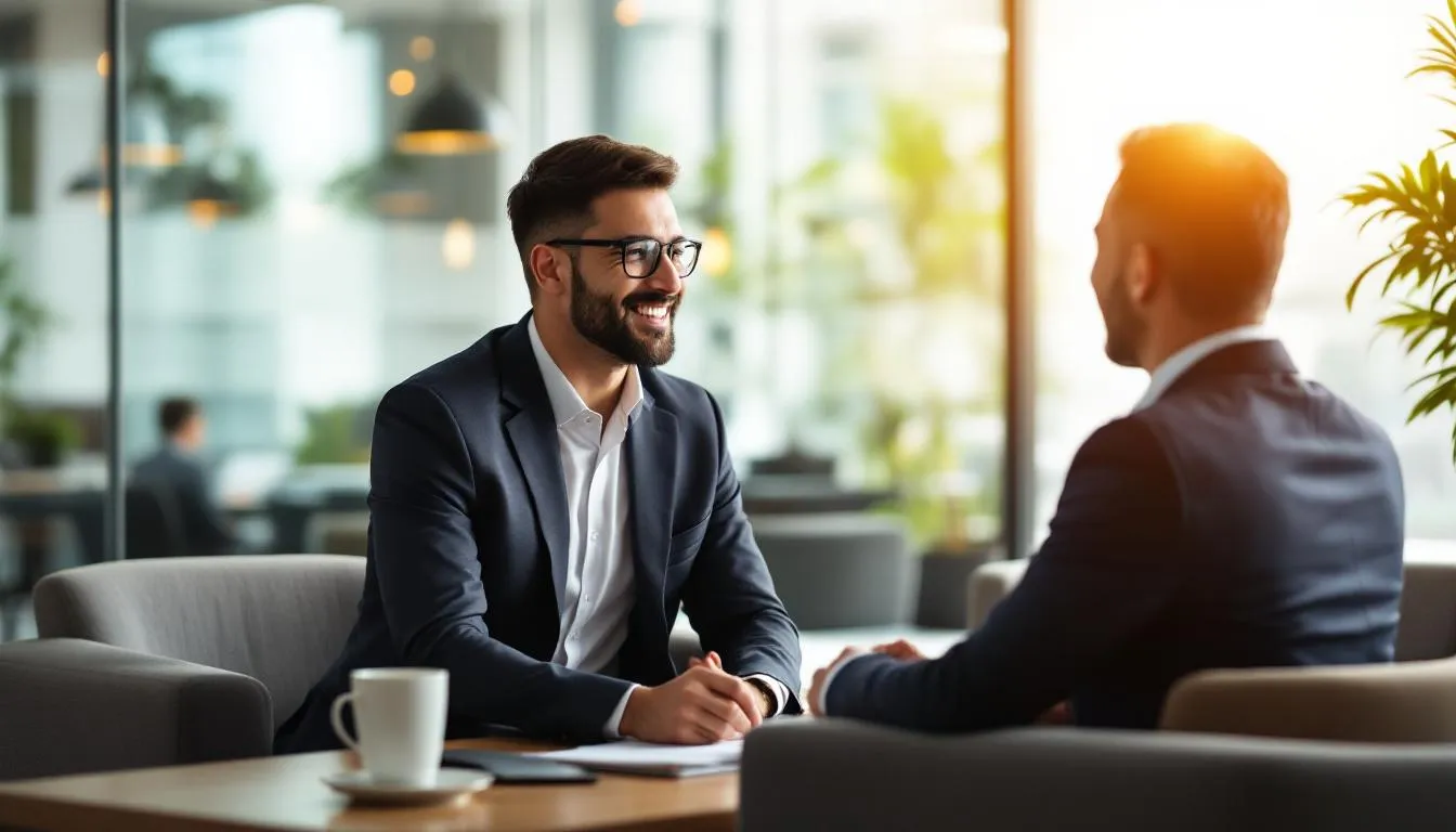 In a modern office, a satisfied Brunei business client engages in a personalized consultation with a service provider, both appearing comfortable and focused. The warm natural lighting enhances the personal touch of their interaction, showcasing the operational efficiency that makes such customer service possible.