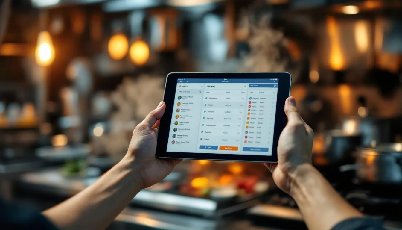 In the image, Asian hands are holding a modern tablet displaying a digital order management app, while a food truck kitchen is blurred in the background, filled with warm lighting and rising steam from cooking equipment. This scene captures the essence of mobile business solutions that can help you streamline operations for your business.
