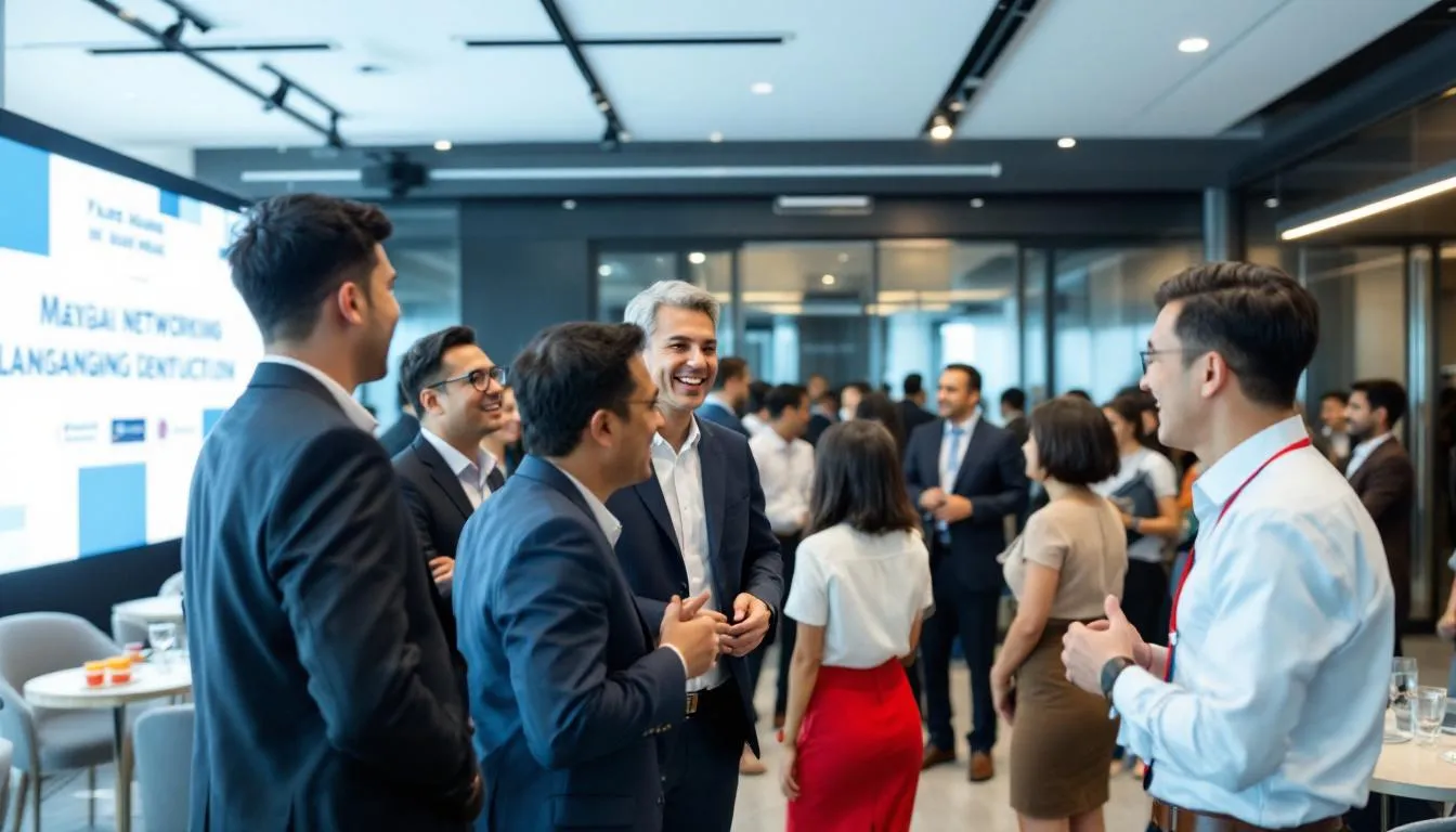 In a modern networking event in Brunei, a diverse group of Southeast Asian professionals in business attire engage in informal conversations, sharing ideas and strategies on how to turn prospects into customers. The atmosphere is lively, reflecting a collaborative spirit essential for effective cold outreach and building connections for future business opportunities.