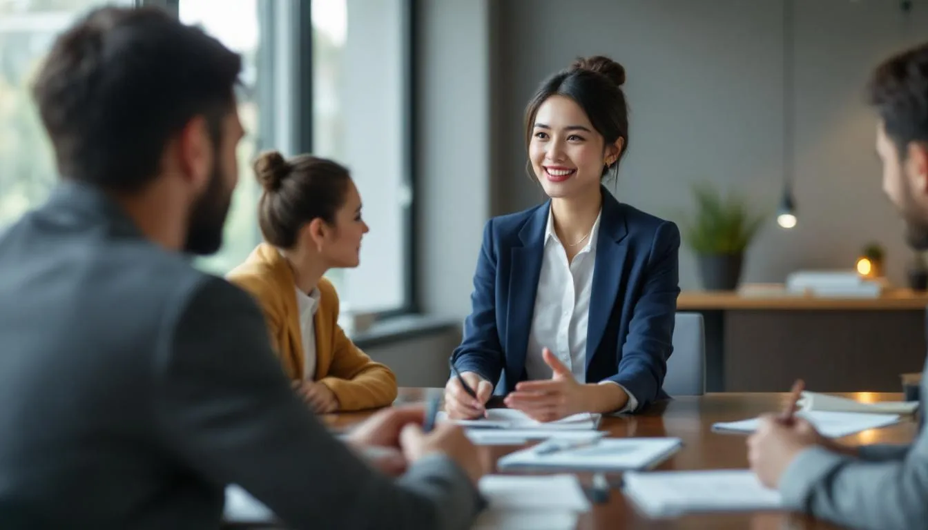 A close-up shot captures an Asian woman confidently presenting to a small team of clients across a conference table, with the clients leaning in and displaying engaged expressions. The natural lighting enhances the professional yet intimate atmosphere of the meeting setting.
