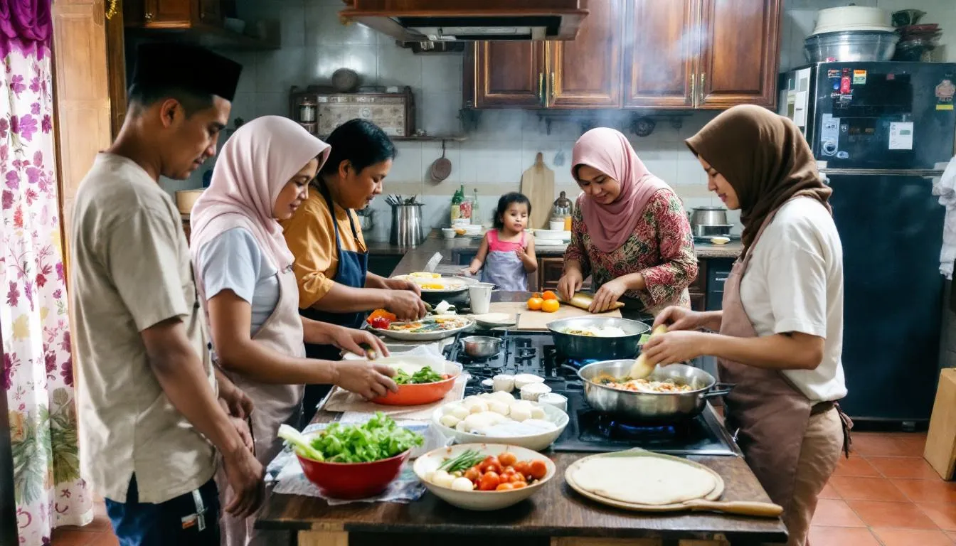 In a warm and inviting kitchen, a local Brunei family gathers to prepare traditional dishes together, showcasing their culinary skills and cultural heritage. The scene captures the essence of family bonding and the rich flavors of Bruneian cuisine, emphasizing the importance of community and shared experiences in the culinary landscape.
