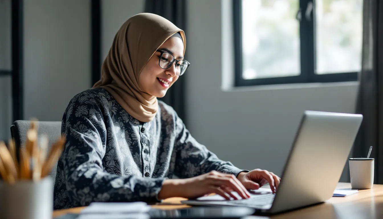 A small business owner in Brunei is focused on updating a password manager on their laptop, surrounded by a clear workspace illuminated by daylight, reflecting a professional yet casual atmosphere. This scene highlights the importance of cybersecurity and personal data protection for small businesses in Brunei.