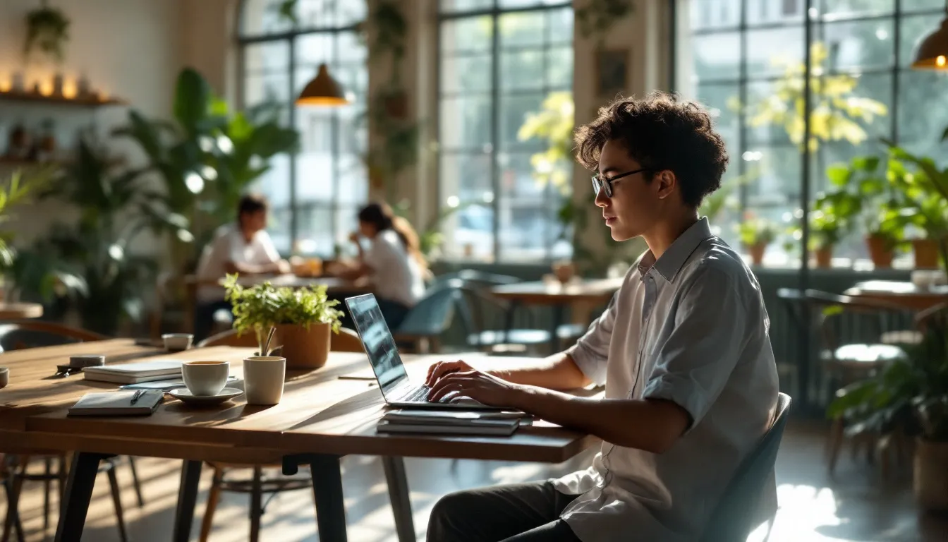 A Bruneian café owner is seen in a modern workspace, focused on scheduling social media posts on a laptop, illuminated by natural daylight. The scene highlights the importance of social media marketing for businesses in Brunei, emphasizing content creation and digital marketing strategies to engage with potential customers.