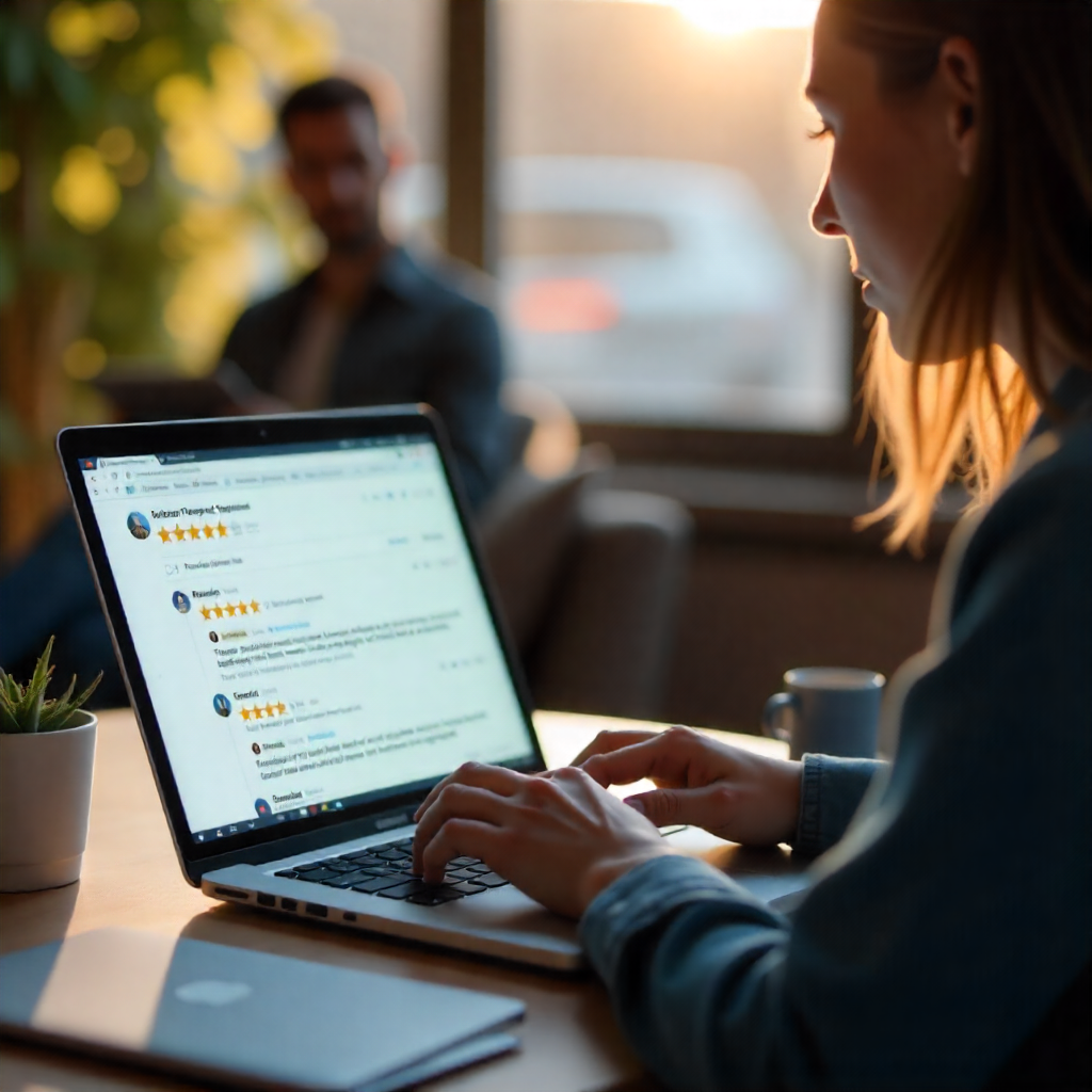 a business owner thoughtfully typing a response to