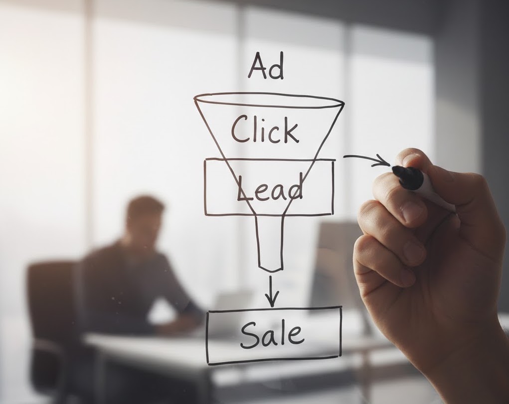 unnamed () A hand drawing a marketing funnel on a notepad — from ad click to lead to closed sale — representing how closed-loop reporting connects each stage of the customer journey.