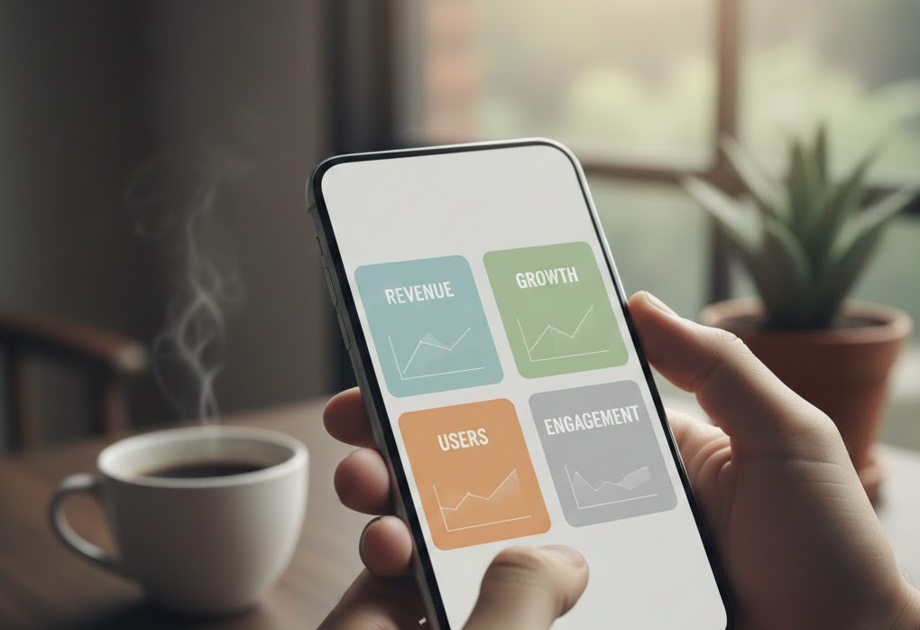unnamed () A smartphone displaying a clean marketing dashboard with four key metric cards, representing a simplified view of CAC, LTV, conversion rate, and ROAS — the metrics that indicate true performance marketing ROI.