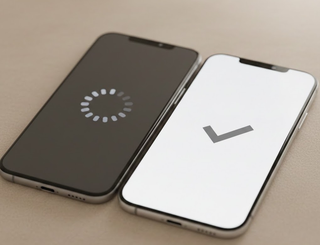 unnamed () Two smartphones side by side — one showing a loading spinner, the other showing a checkmark — representing the difference between a slow, frustrating website experience and a fast, frictionless one.